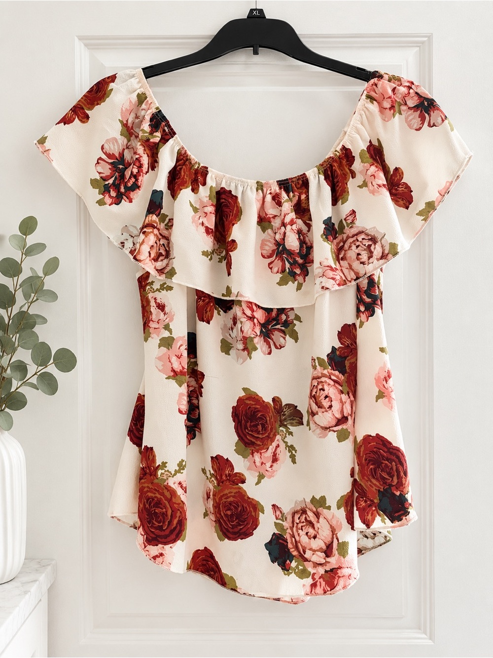 Floral Off-Shoulder Ruffle Women's Top - Cream with Red Roses